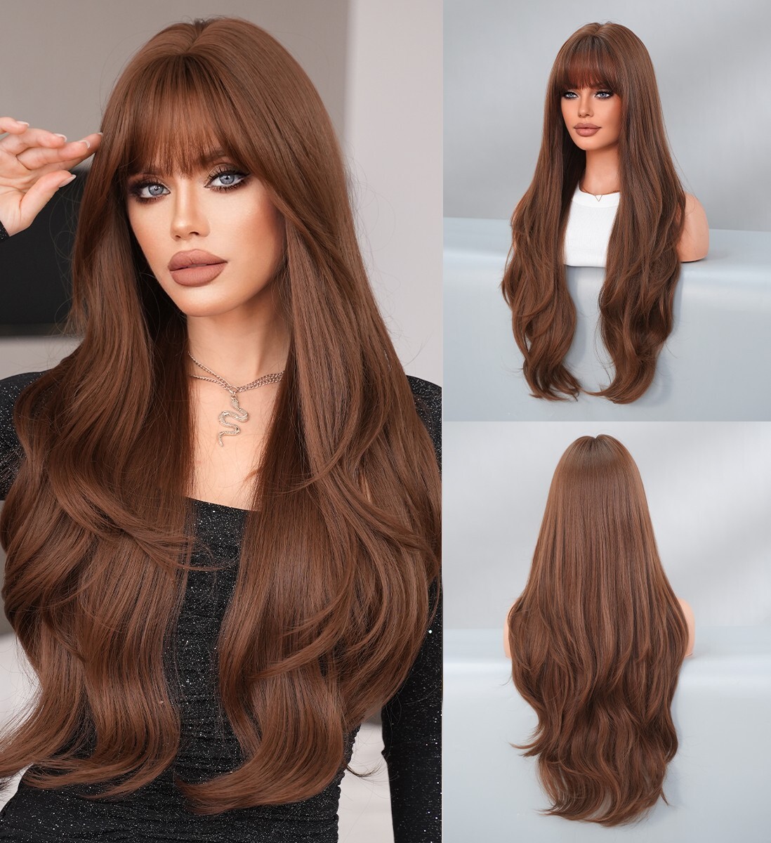 Long Wavy Auburn Costume Wig with Bangs Heat Resistant Hair