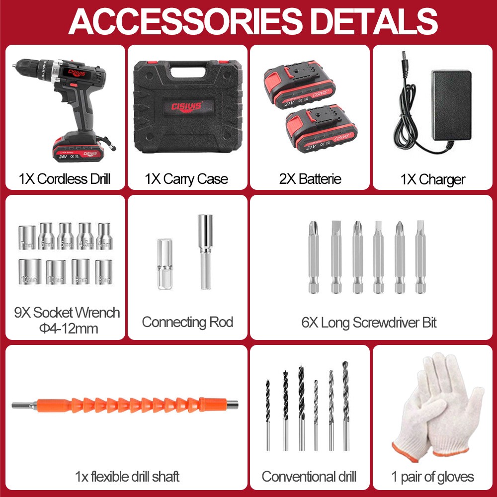 24V Cordless Impact Driver Hammer Drill Combo Kit with 2 Battery & Charger.