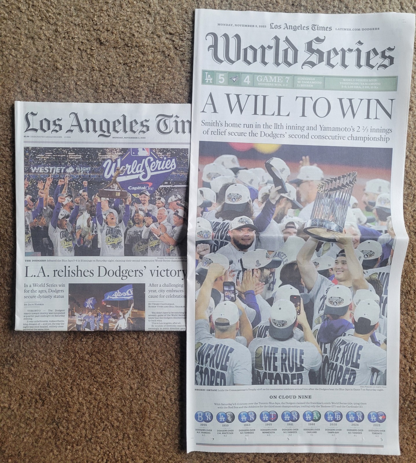 LOS ANGELES TIMES NOV 3, 2025 NEWSPAPER LA DODGERS WORLD SERIES CHAMPIONS MOOKIE