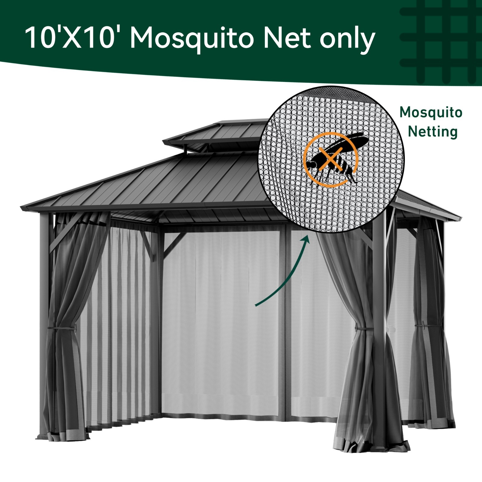 Gazebo Mosquito Netting Waterproof Insect Screen with Zippers