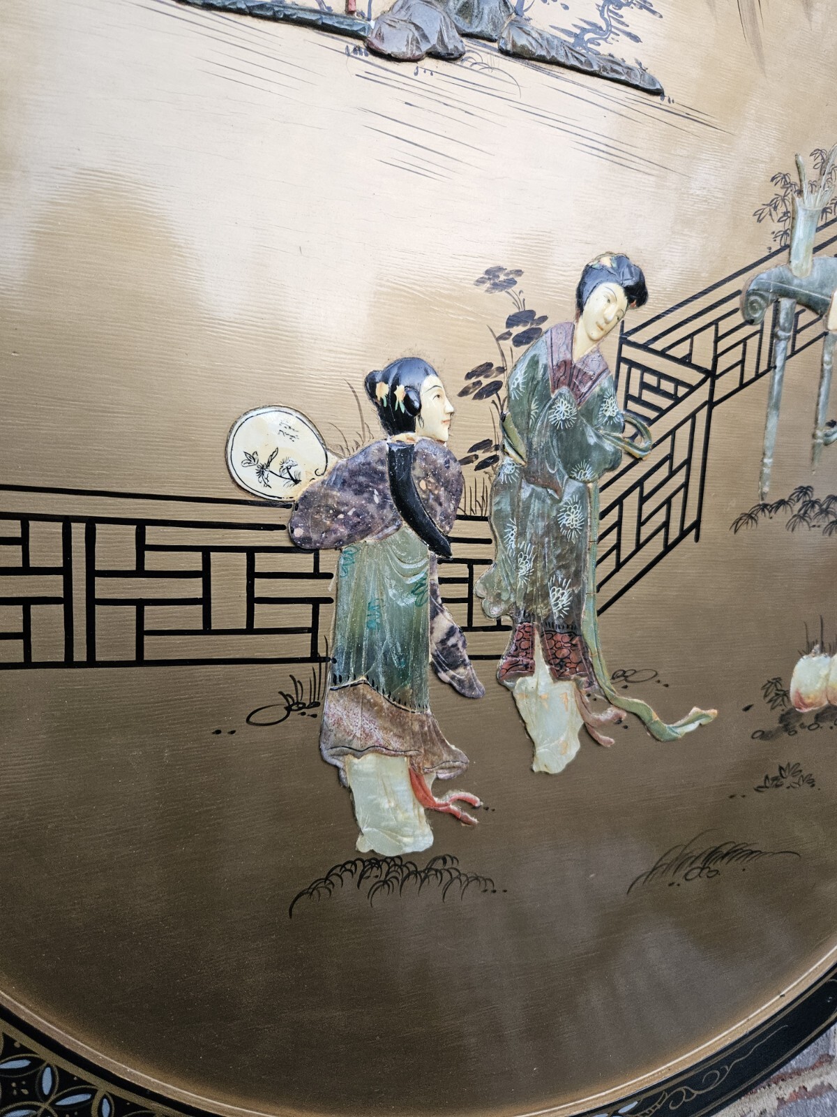 Black Lacquer Rainbow Mother Of Pearl Art Piece 30" Round - Asian