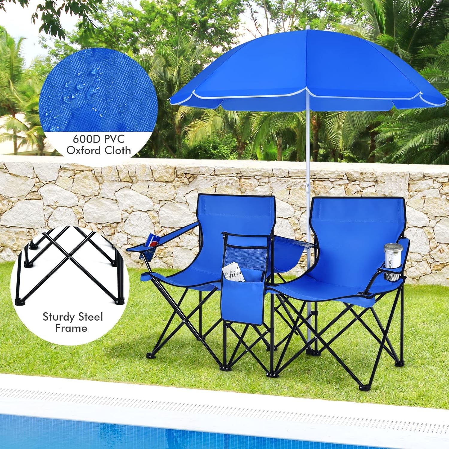 Folding Camping Outdoor Picnic Double Chair with Umbrella Table Cooler Beach New