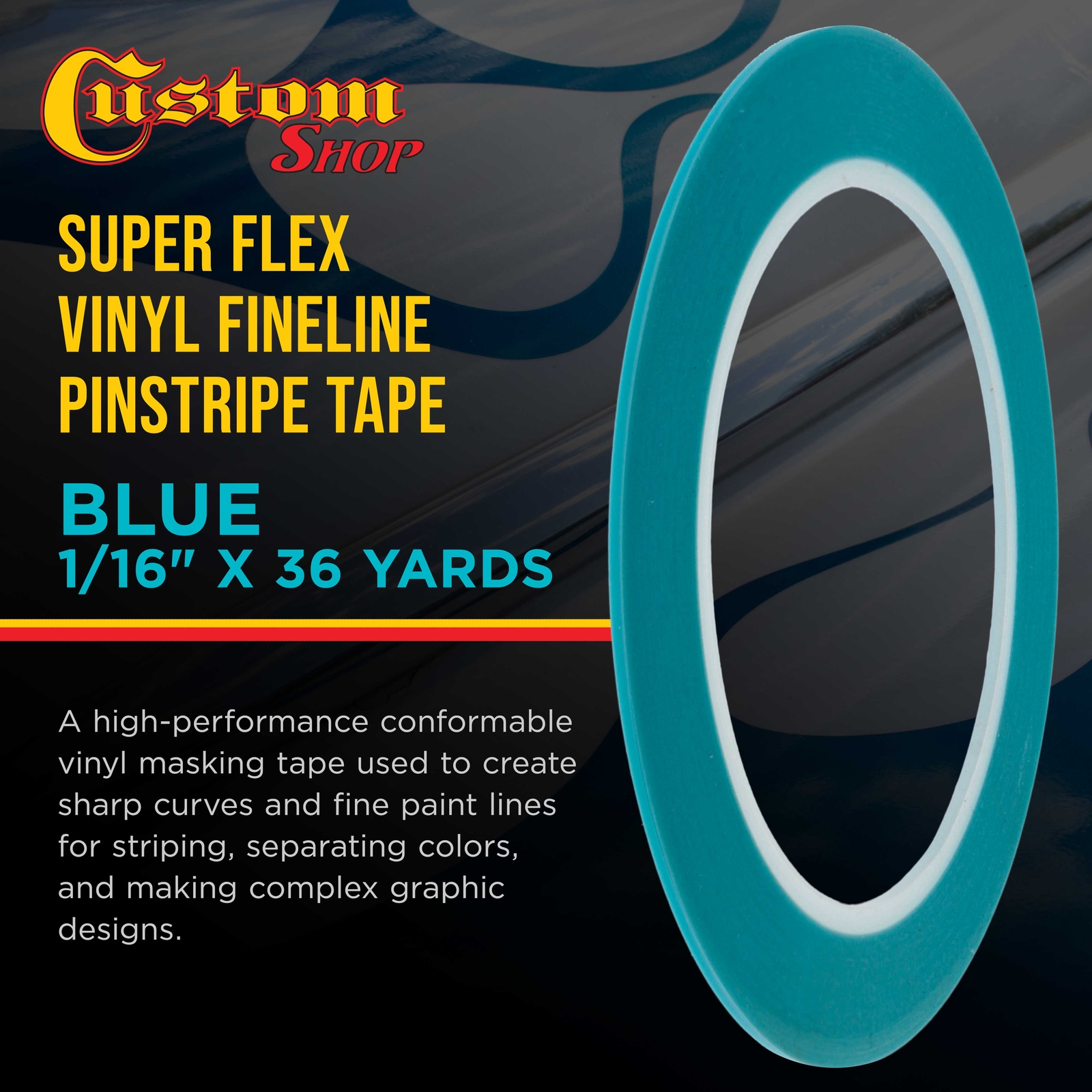 Vinyl Fineline Pinstripe Tape, Blue 1/16" x 36 Yard Roll - Create Sharp Curves