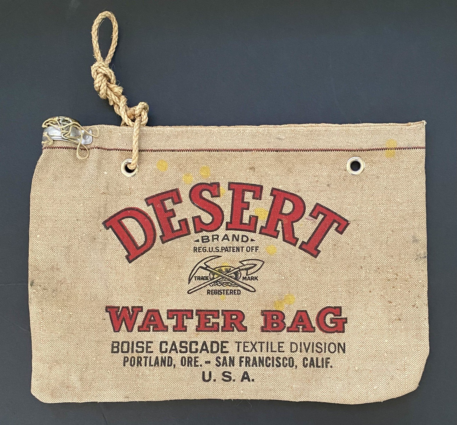 Vtg Desert Brand Canvas Water Bag USA Made San Francisco CA,  Boise Cascade