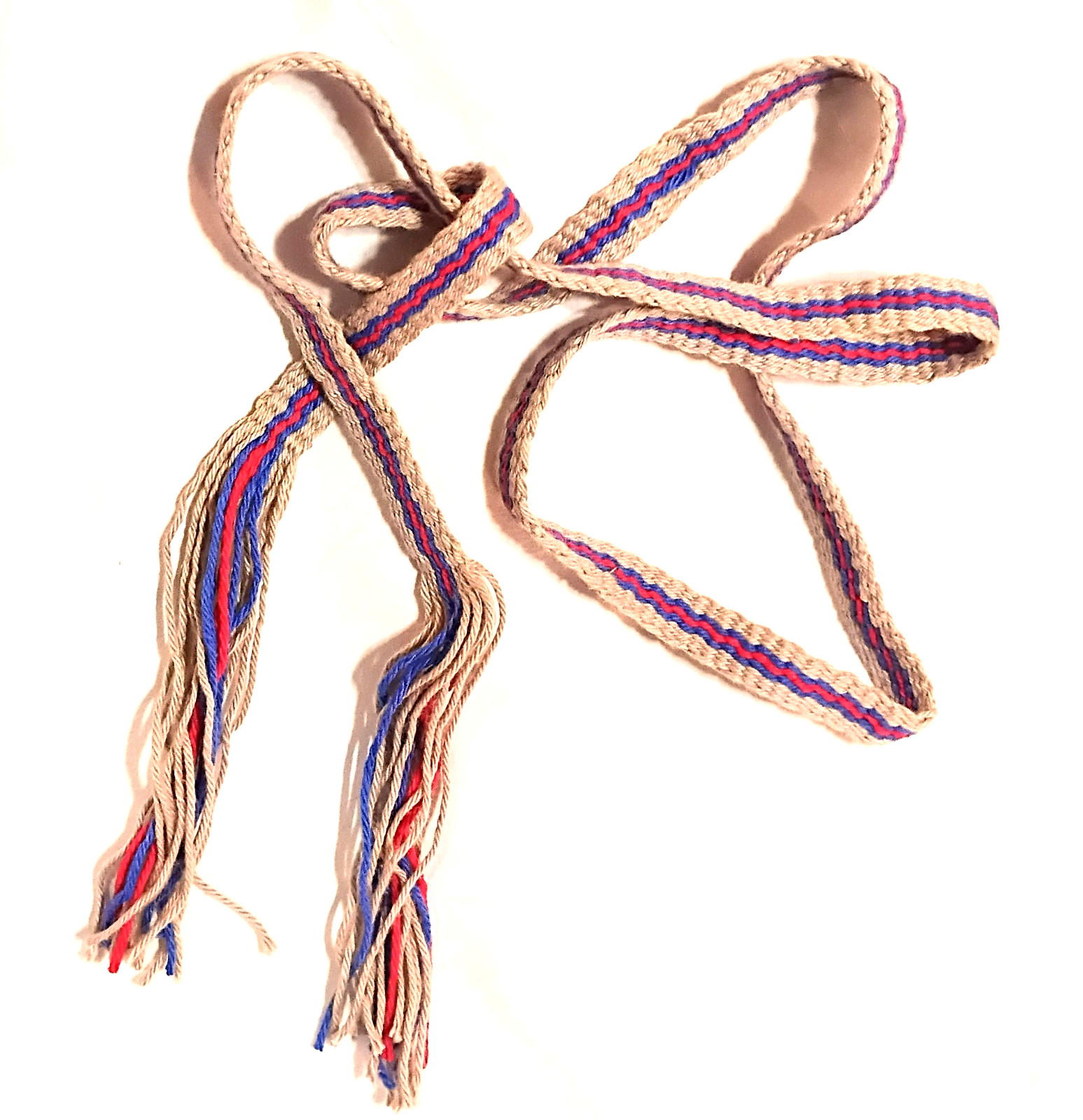 Hand Woven Narrow Cotton+ Hemp Strap f. Powder Horn,abt. 50"natural, blue, red