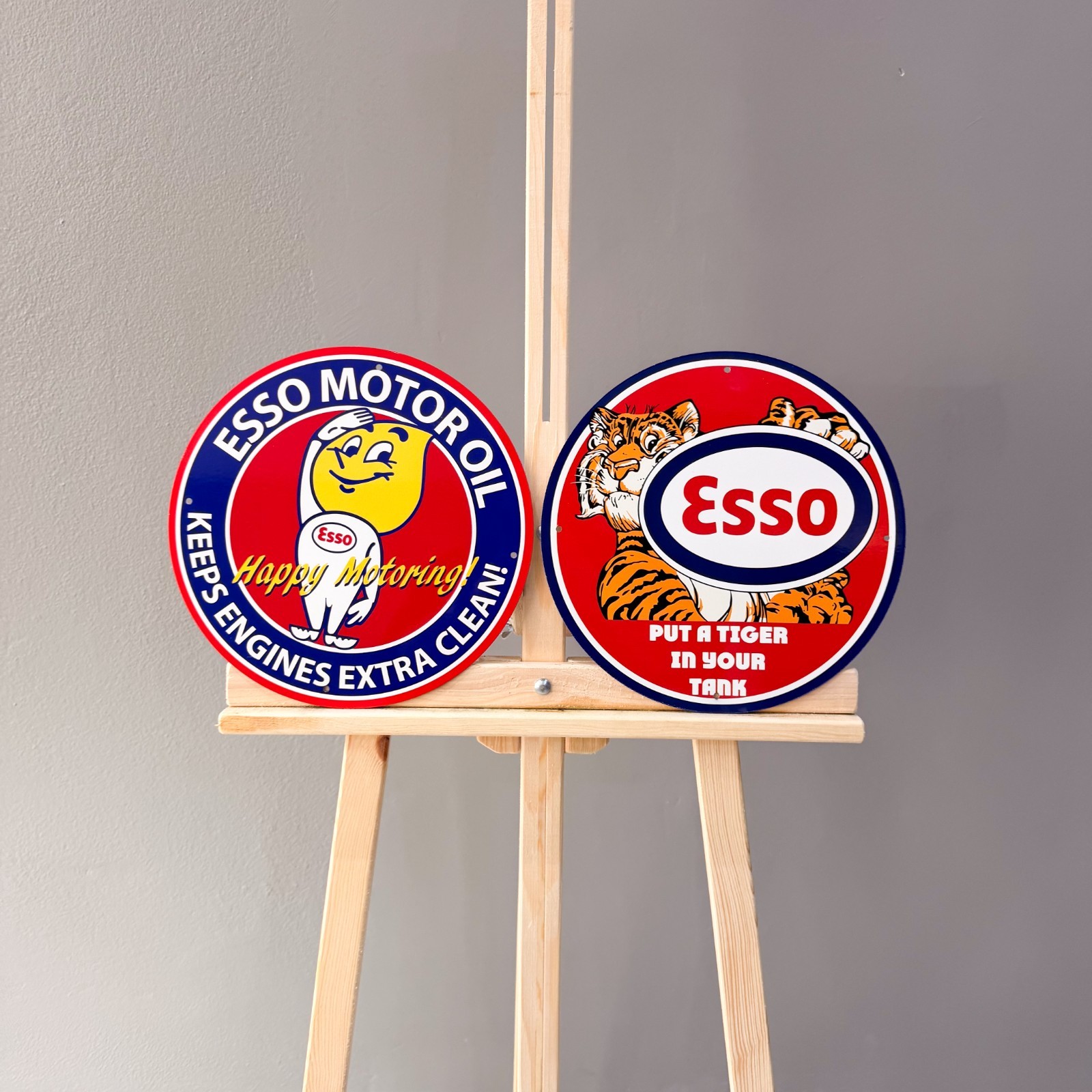 Esso Vintage Metal Sign Set of 2 Tiger & Man Happy Motoring – 30 cm / 11.8”