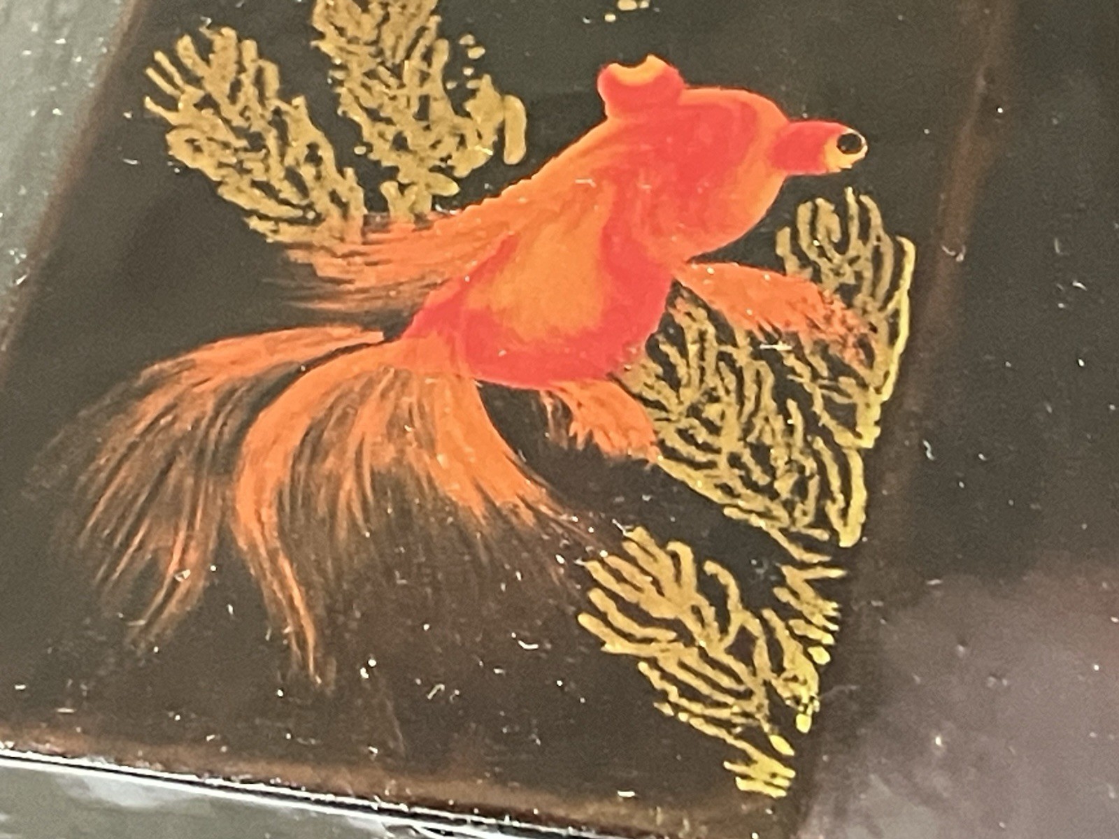 Vintage Vietnamese Lacquer Tea Caddy with Hand‑Painted Goldfish Design, 6" T