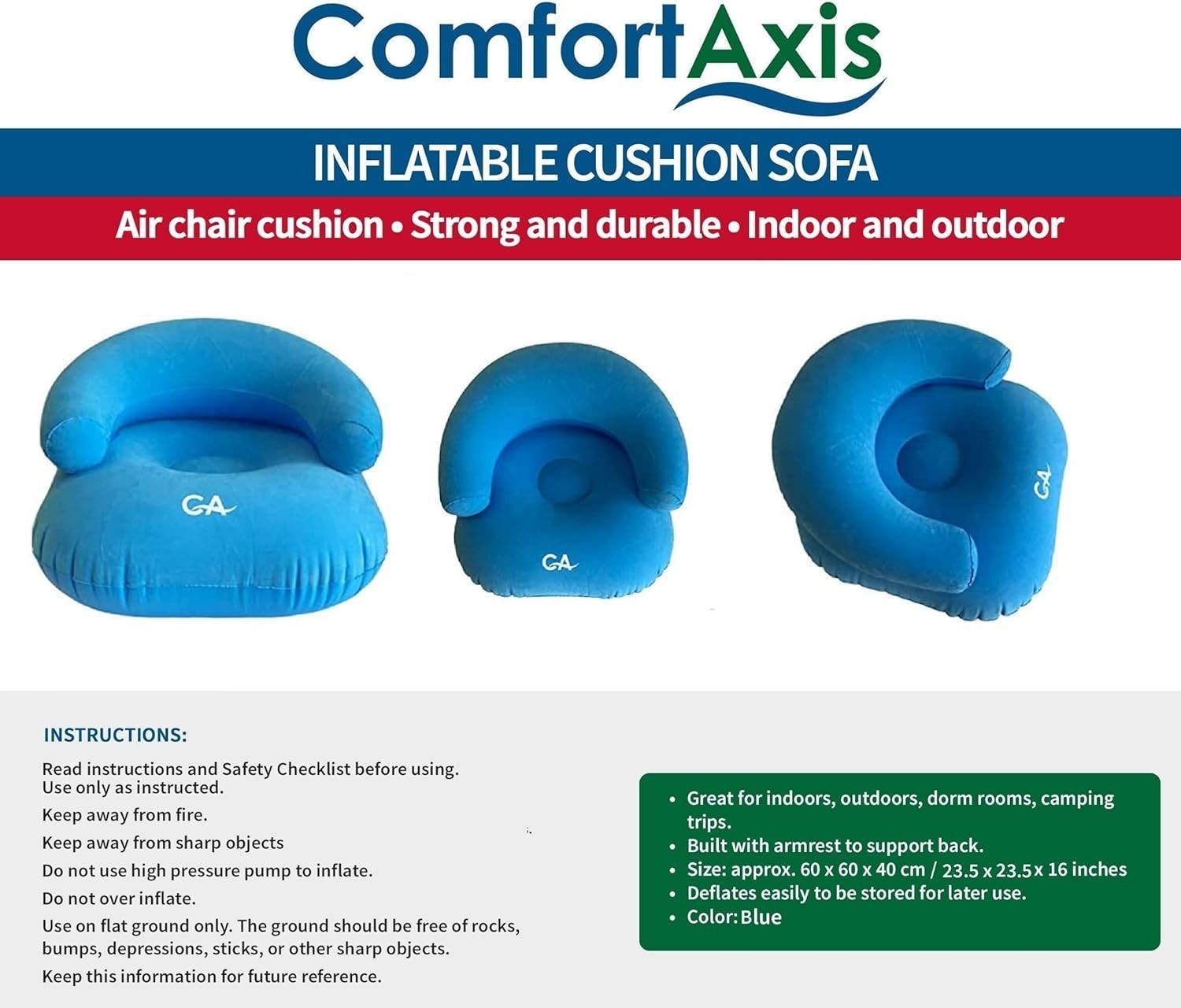 Inflatable Flocking Lounger Sofa Blue Portable Camping Relax Chair 23.5"x23.5...