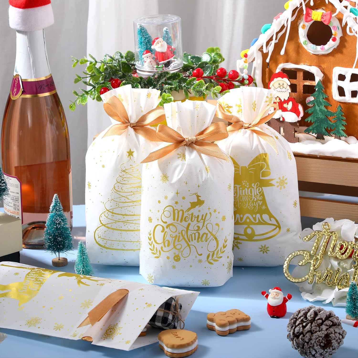 50 Pcs Christmas Drawstring Favor Bags Bulk Plastic Christmas Candy Bags Treat B