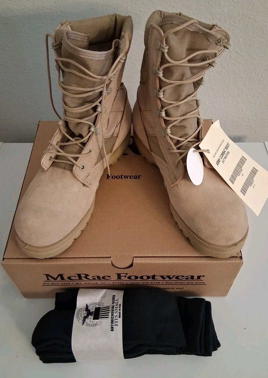 McRae Military Combat Boots Size 8R New In Box w/ SMALL 7-9  DLA Socks