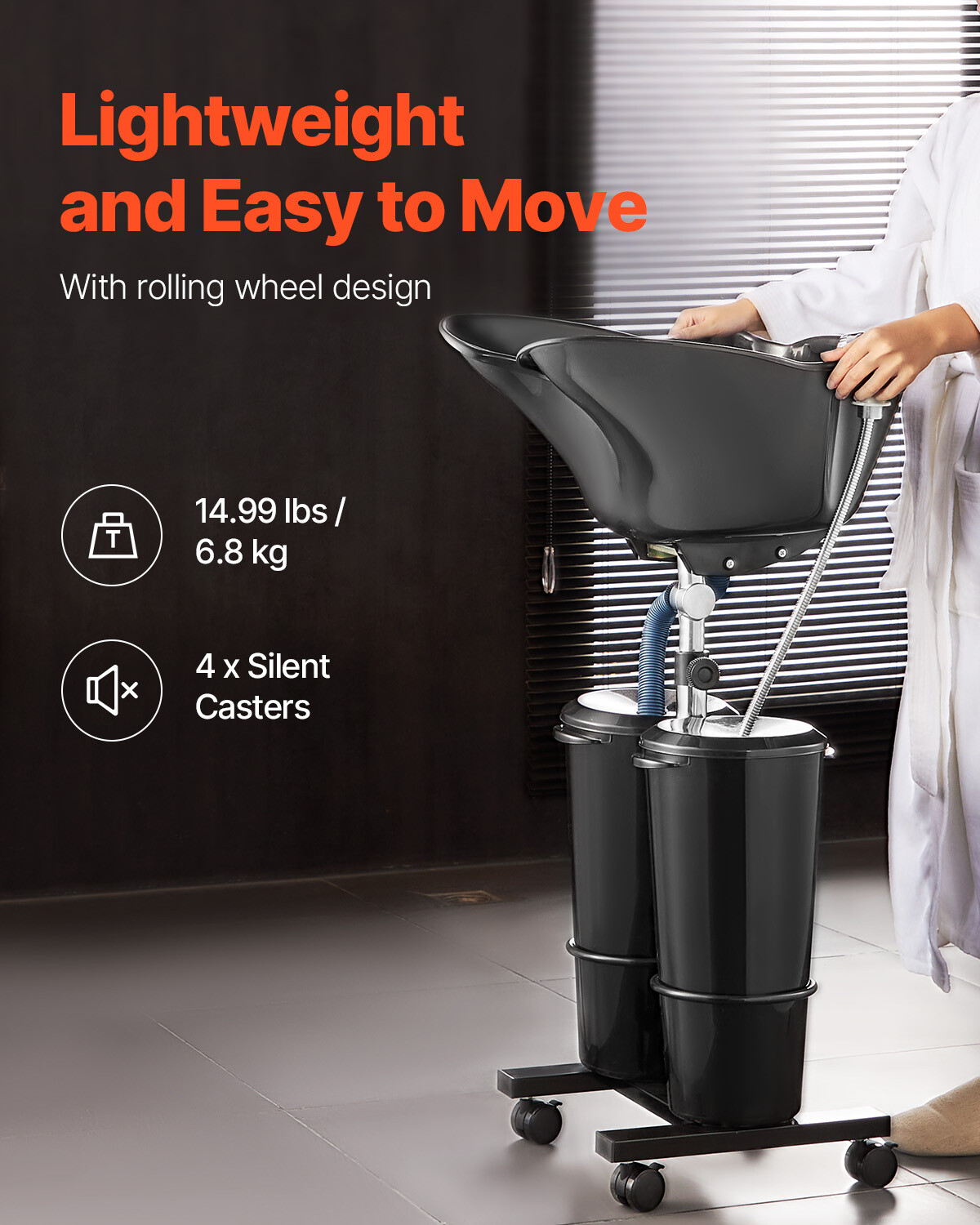 Portable Shampoo Bowl with Drain Hose 2 Buckets Adjustable Height Salon Sink