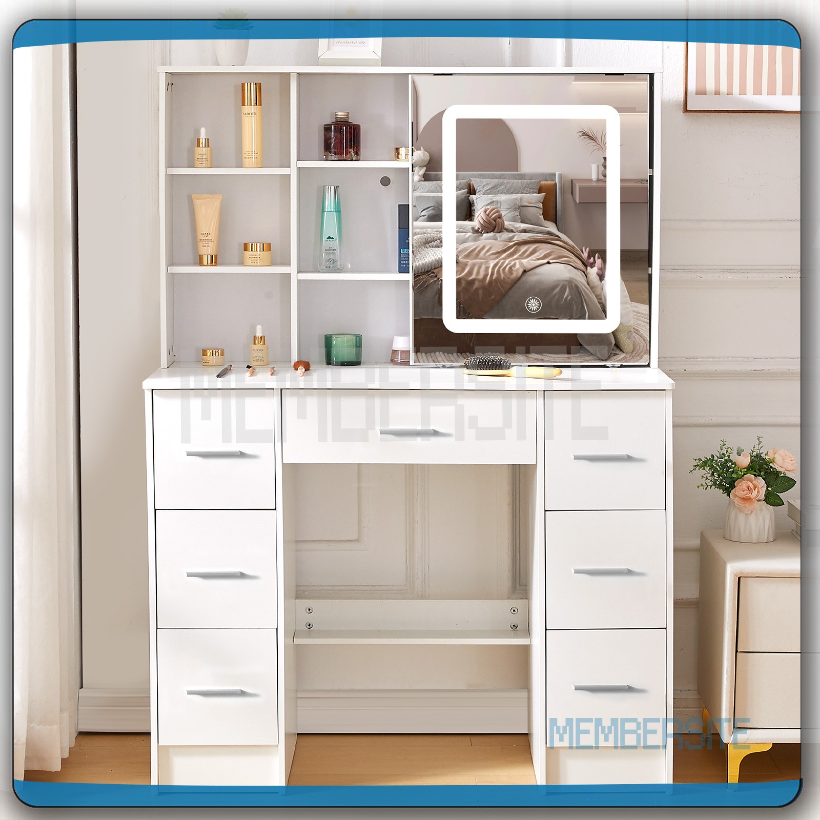 NEW Makeup Vanity Table With Smart LED Sliding Mirror & 10 Shelves Dressing Desk