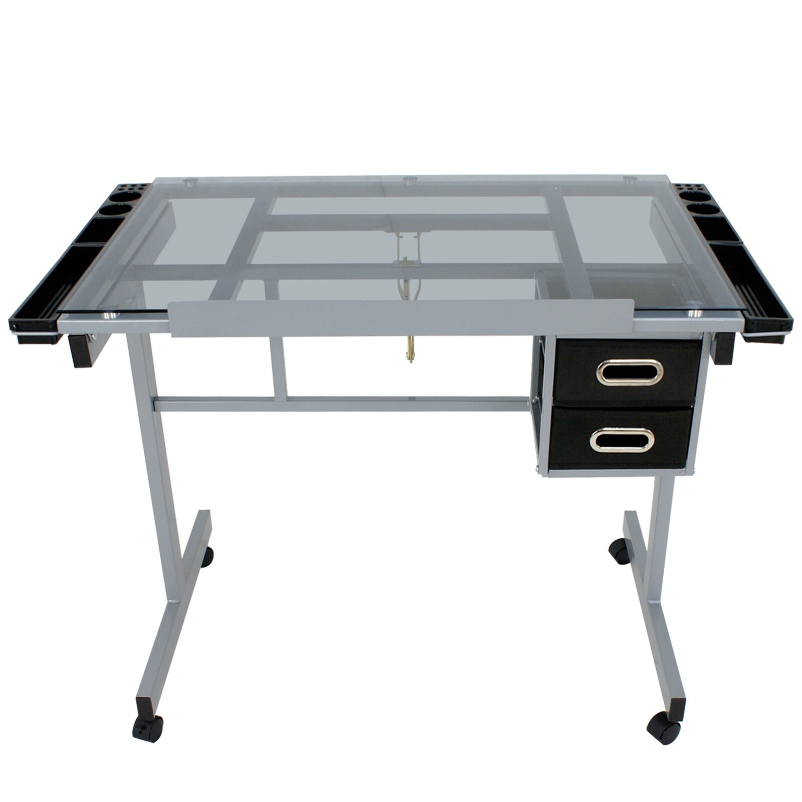 Drafting Table on Wheels Adjustable Glass Tabletop Drawing Desk w/Storage Drawer