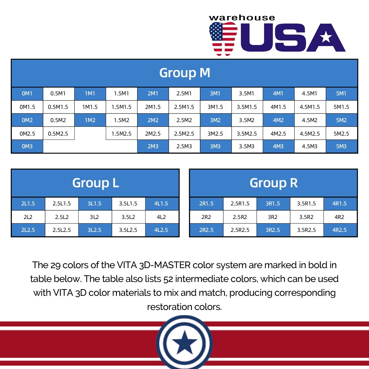 Dental Universal Light Cure Hybrid Composite Resin/Dental Tooth Color Comparator