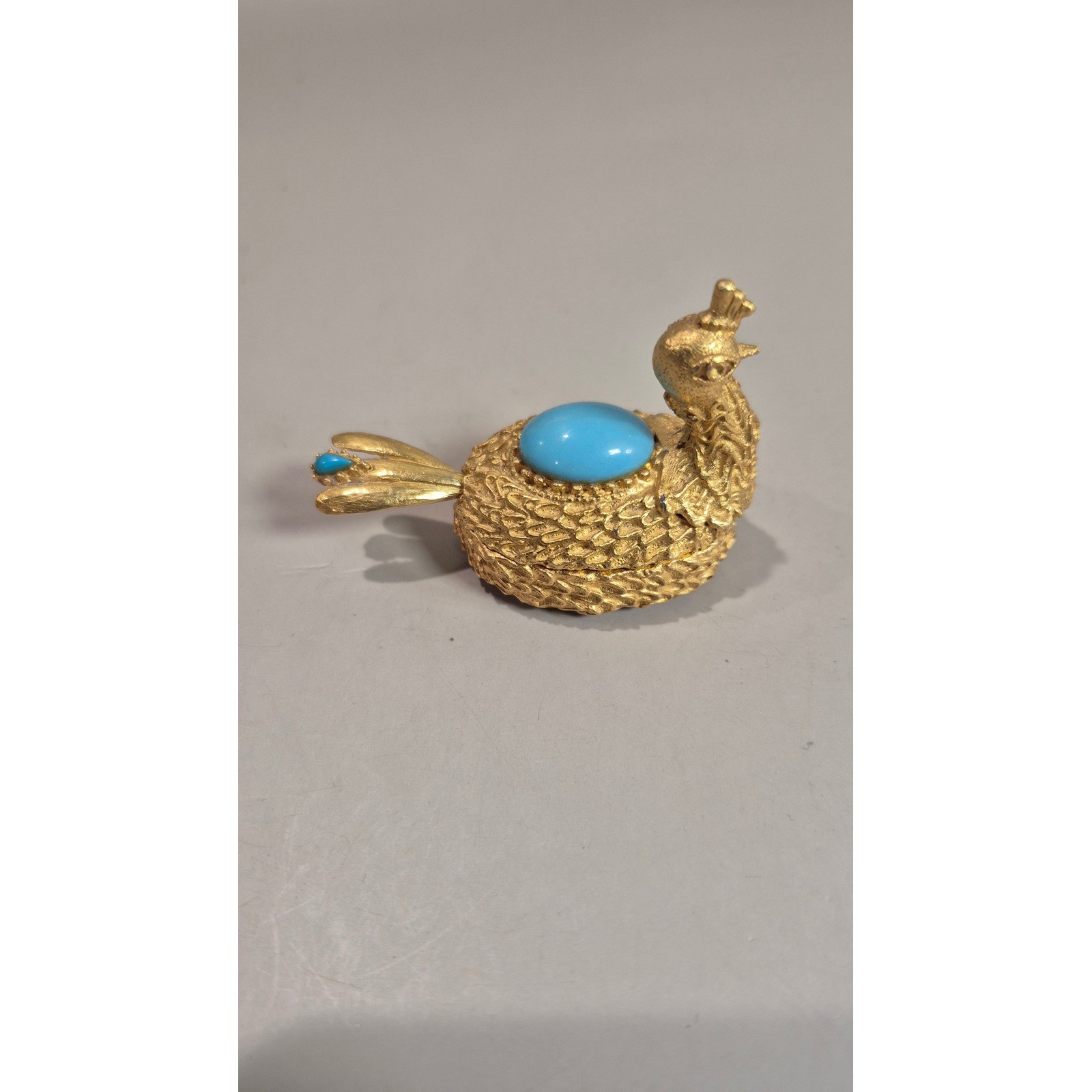 Vintage Florenza Gold Tone Peacock Salt Cellar with Spoon Turquoise Trinket Box