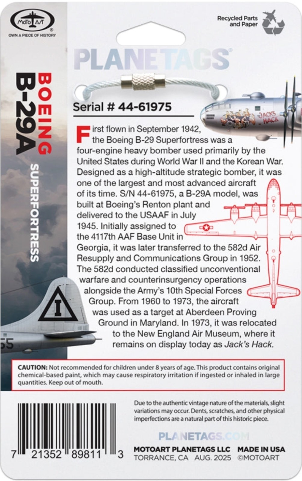 MOTOART PLANETAGS USAAF BOEING B29A SUPERFORTRESS (44-61975) METAL #1856