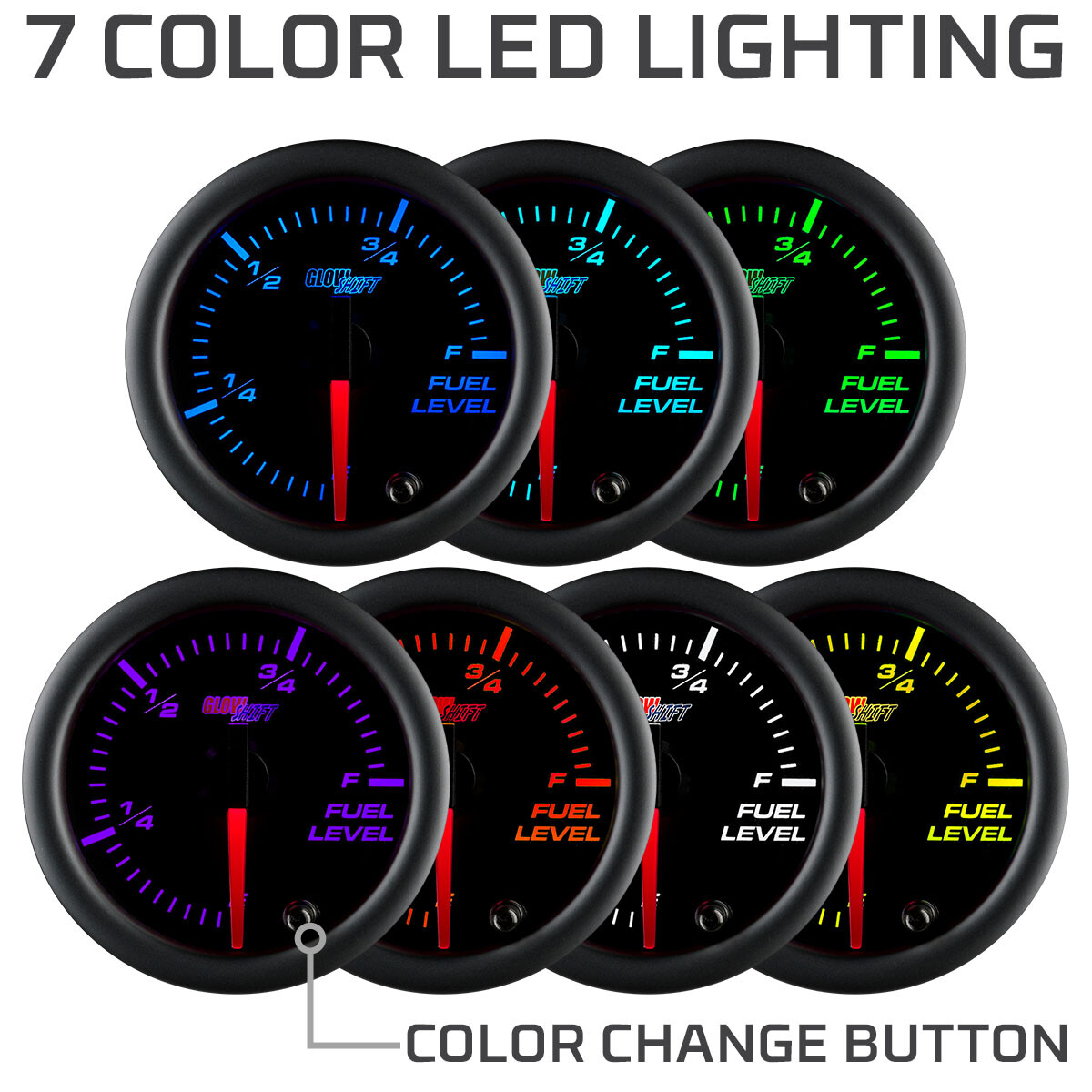 GlowShift 52mm Black 7 Color LED Adjustable Fuel Level Gauge
