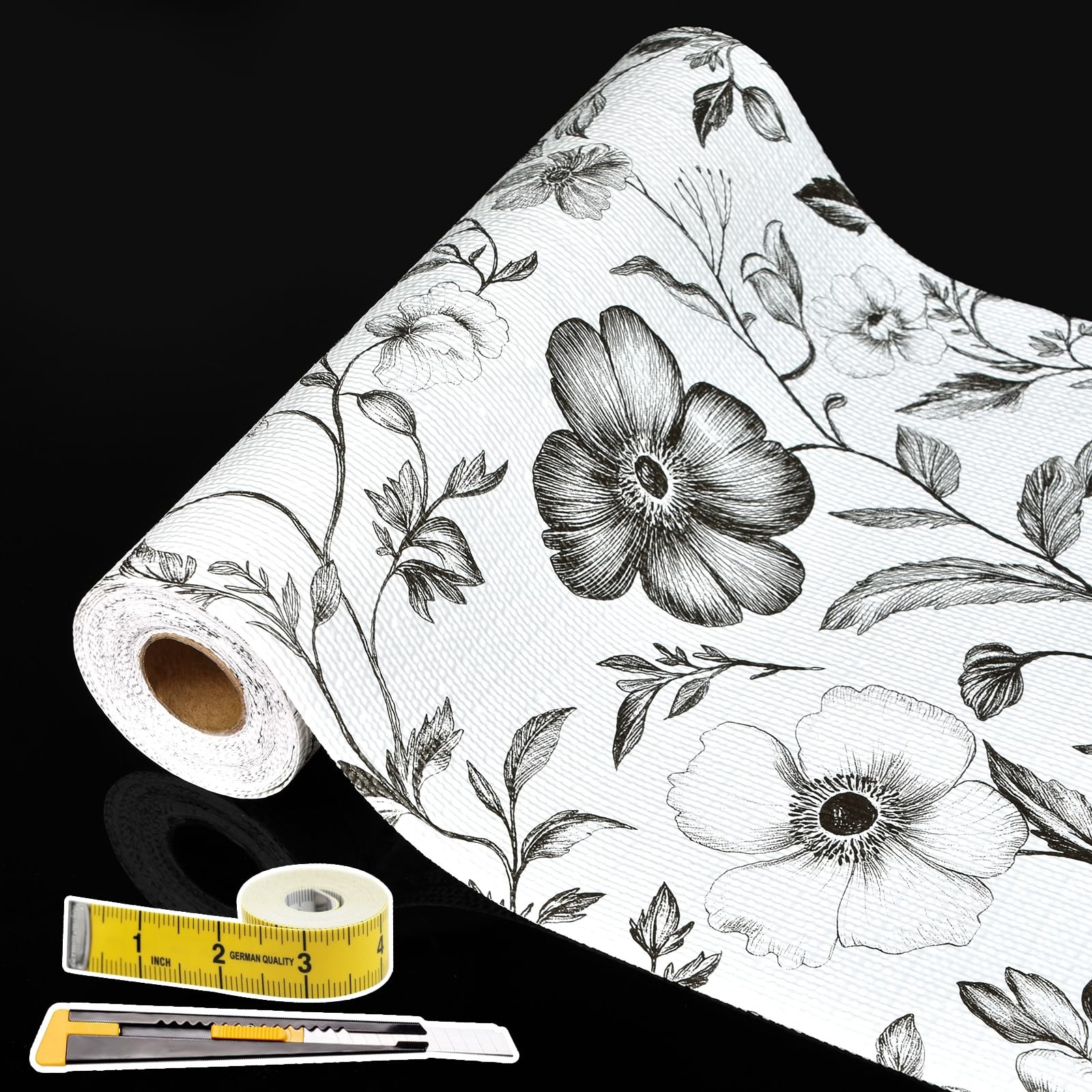 Drawer and Shelf Liner Black Flowers 12in x 20FT, Non Adhesive Anti-Slip Doub...