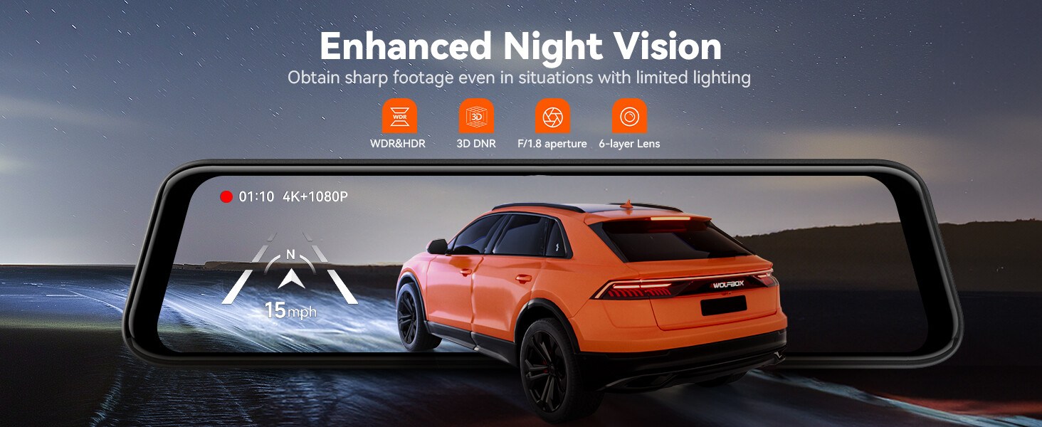 WOLFBOX G850 PRO 4K Mirror Dash Cam with ADAS & BSD, 5.8GHz WiFi Voice Control