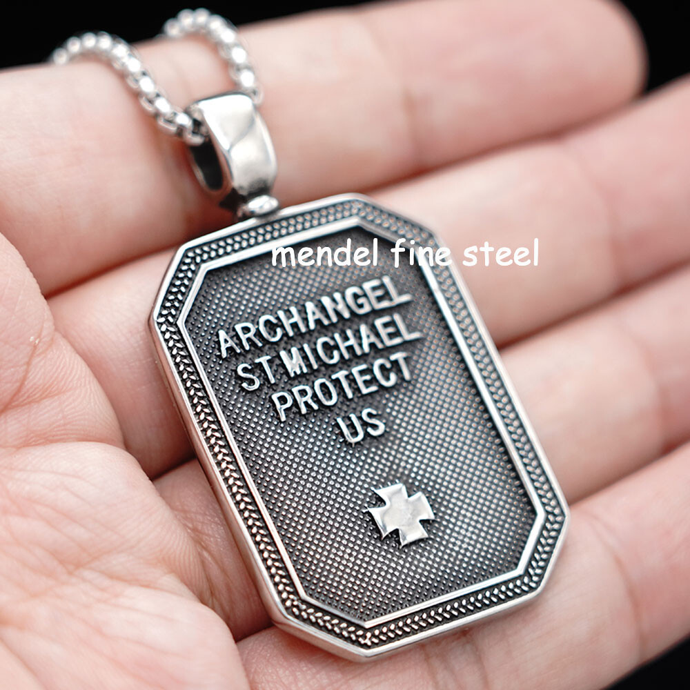 MENDEL Saint St Michael Archangel Medal Shield Pendant Necklace Stainless Steel