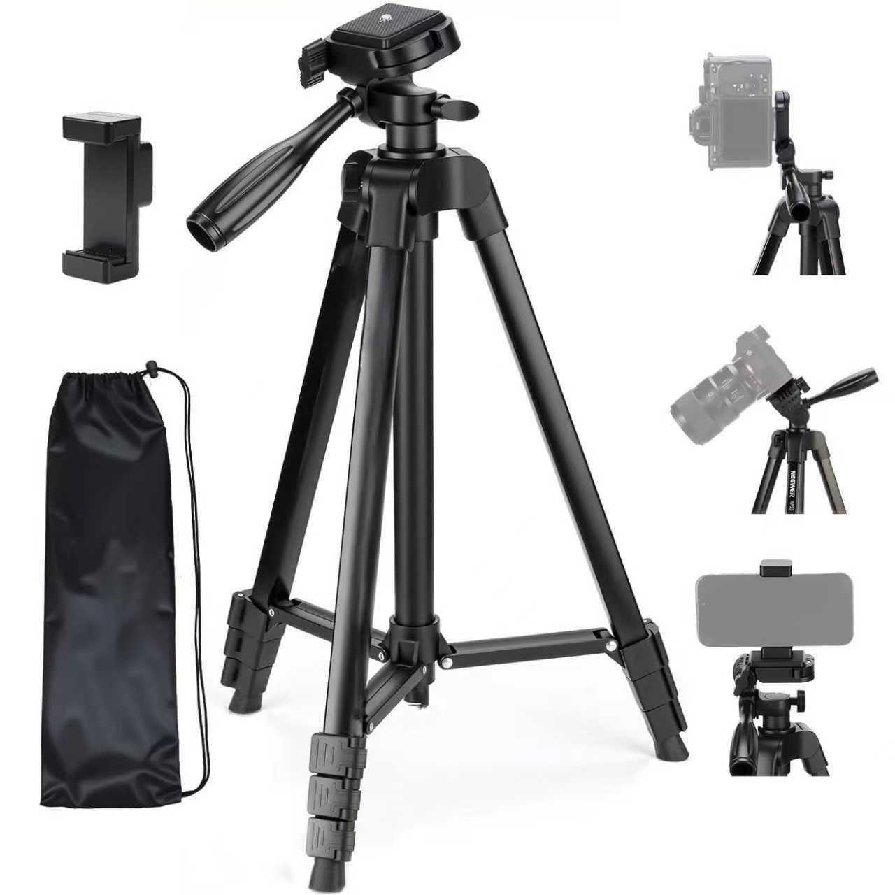 Adjustable Phone & Camera Tripod w/Built-in Level, Portable Metal Travel Stand
