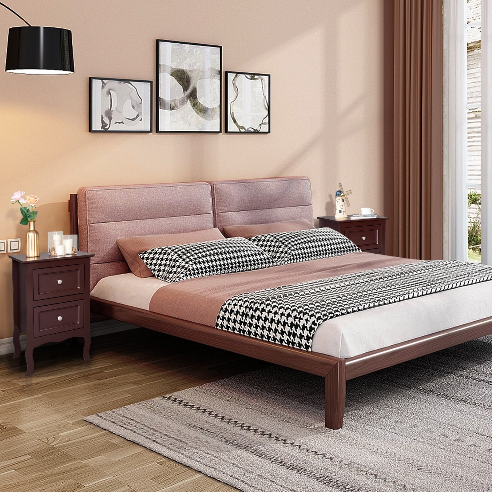 Lot 2 Nightstands Wood Bedside Table End Table w/2 Drawers Bedroom Furniture