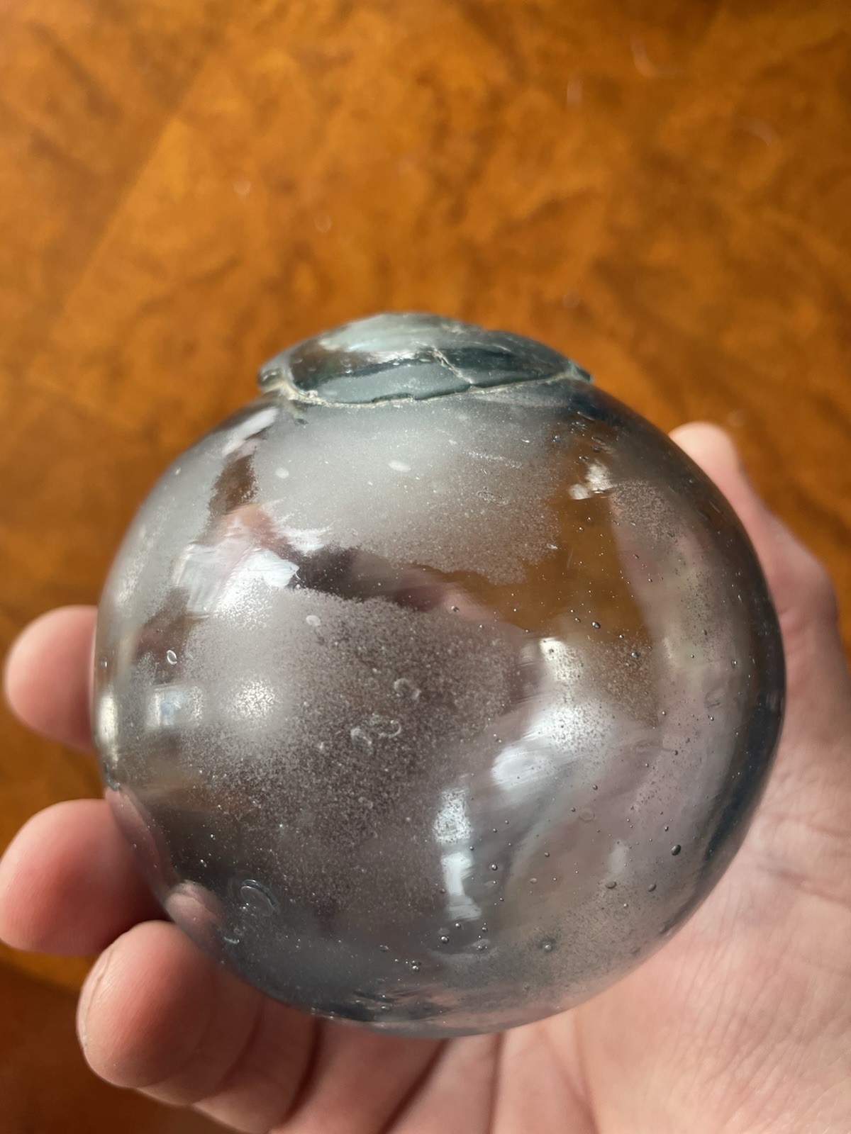 Antique Glass Fish Net Float With Rope Marks Teal Blue Color Wide Pontil