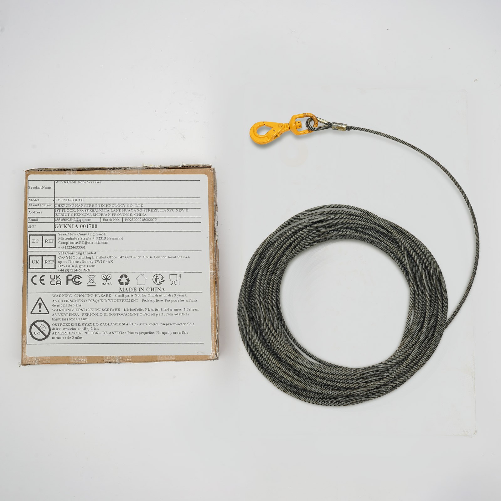 Winch Cable Carbon Steel Core Wire Rope 3/8"x150' 12566lb Self Lock Swivel Hook