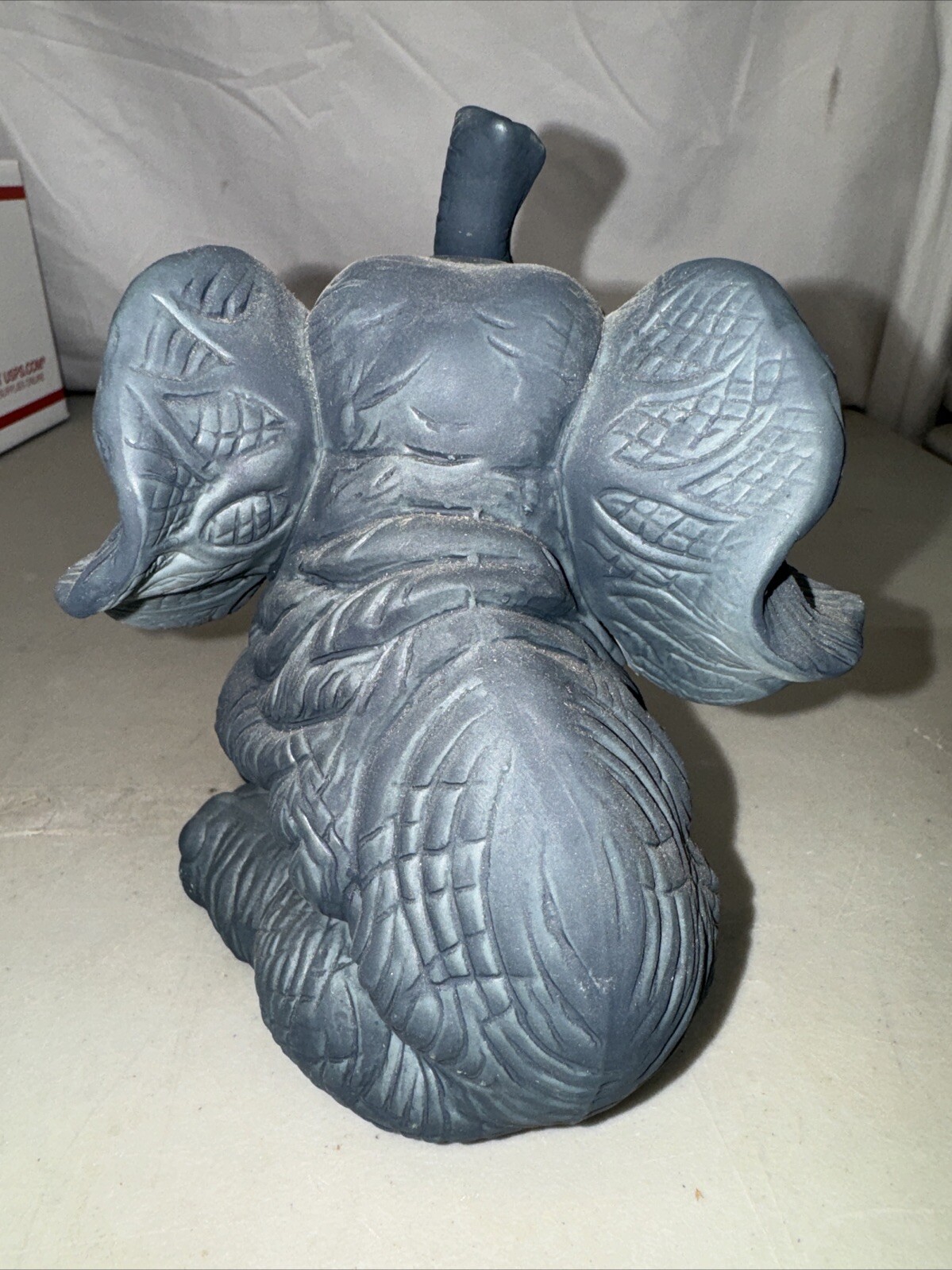 Vintage Blue Gray Porcelain Elephant Figurine Setting Figure Trunk Up Raised 5x6