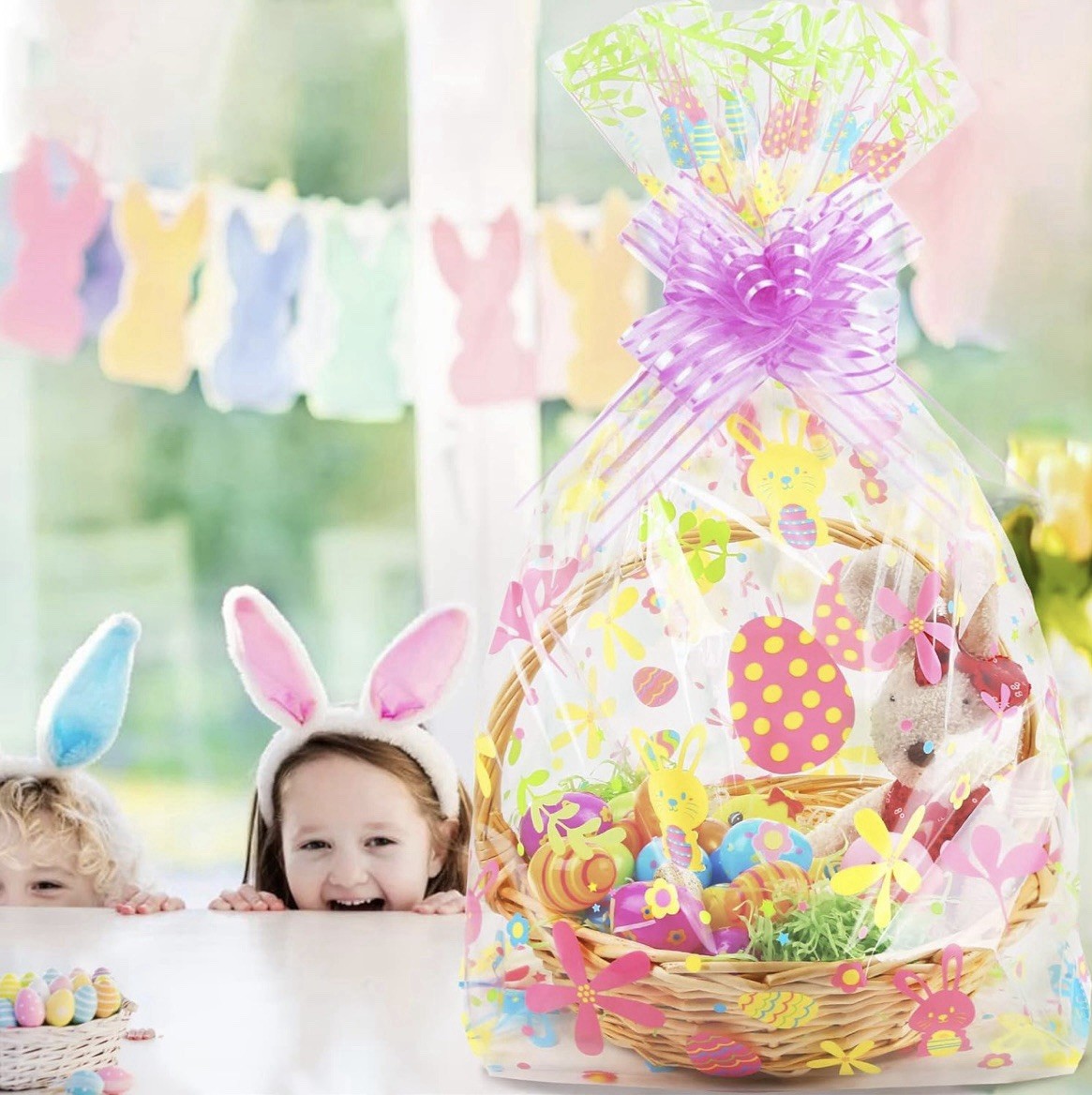 Easter Cellophane Bags 16x24 Inch with Pull Bows 20 Pcs Bunnies & Eggs Design