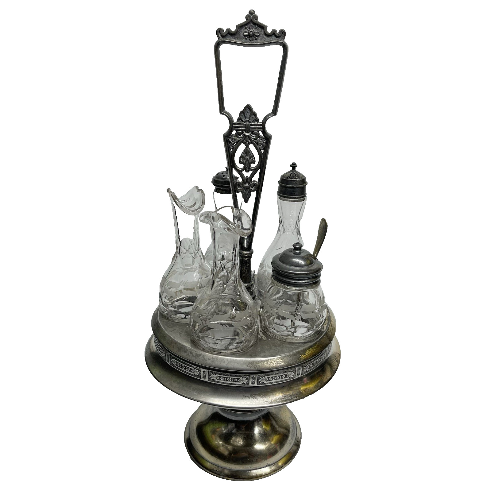 Antique 1800s Hall Elton Cruet Set Condiment Caddy Victorian Era Etched Glass