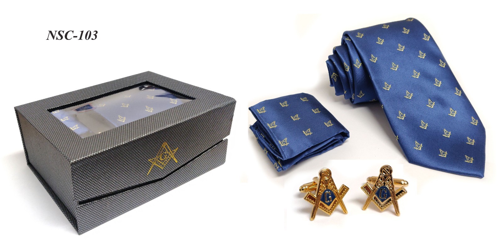 Masonic Tie Gift Set Blue Freemason Necktie Cufflinks Pocket Square Boxed