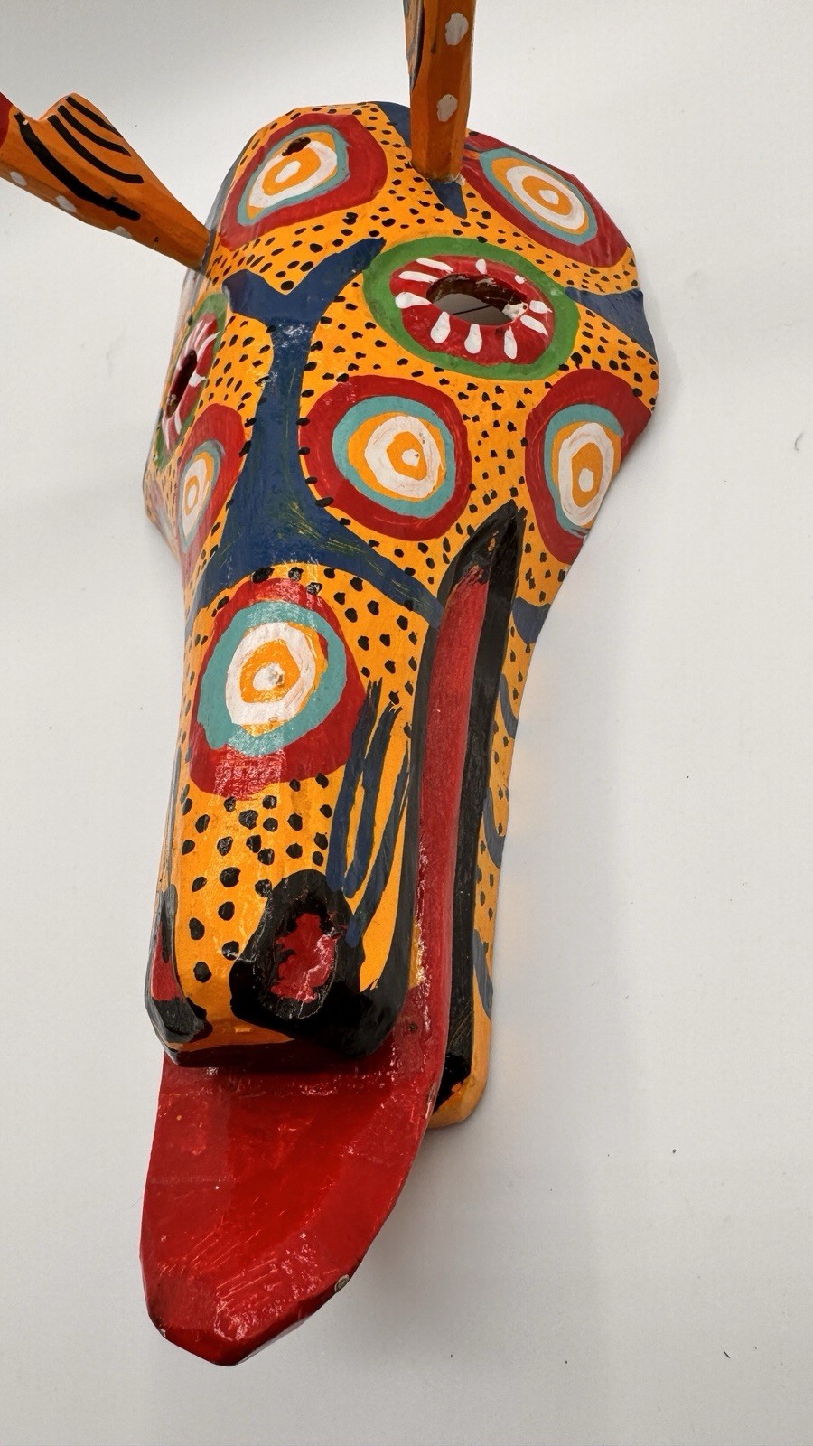 Vintage Hand Carved Guatemalan Deer Mask Painted Folk Art Wall Decor