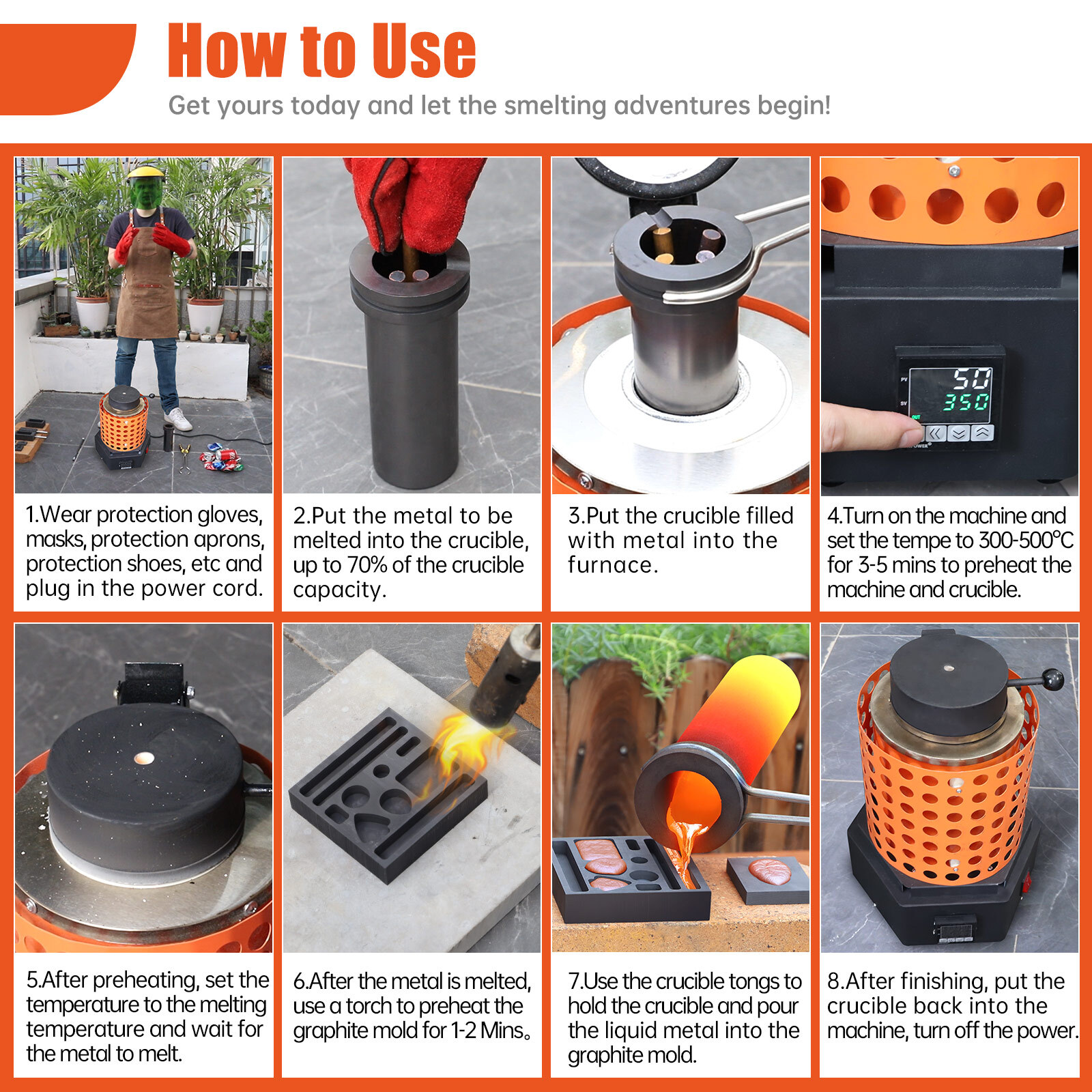 TOAUTO 3KG Electric Melting Furnace Gold Metal Smelter 2102℉ Crucible Ingot Mold