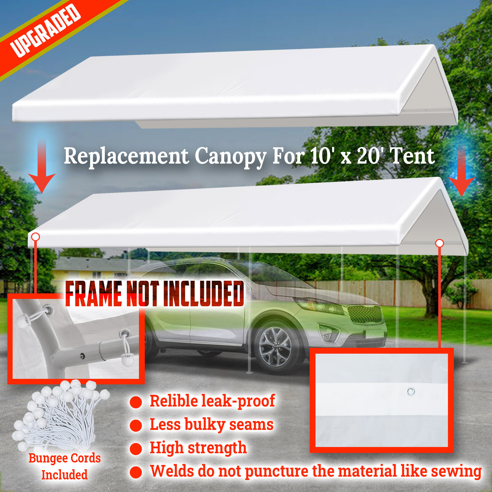 10x20' Carport Replacement Canopy Garage Top Cover Only with Bungees Ball & Edge