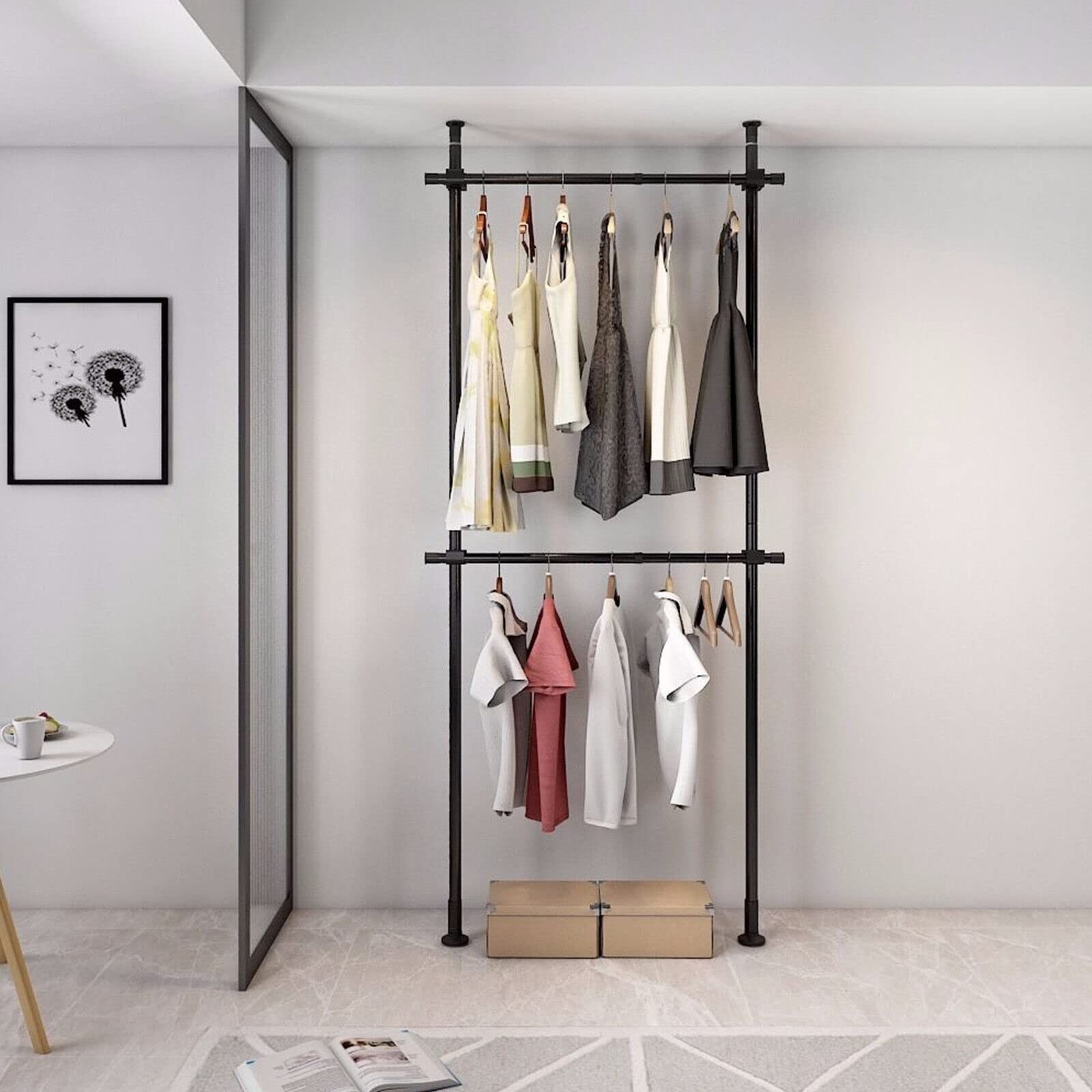 2 Tier Clothes Storage Hanger Organizer Ceiling Top & Floor Metal Closet Garm...