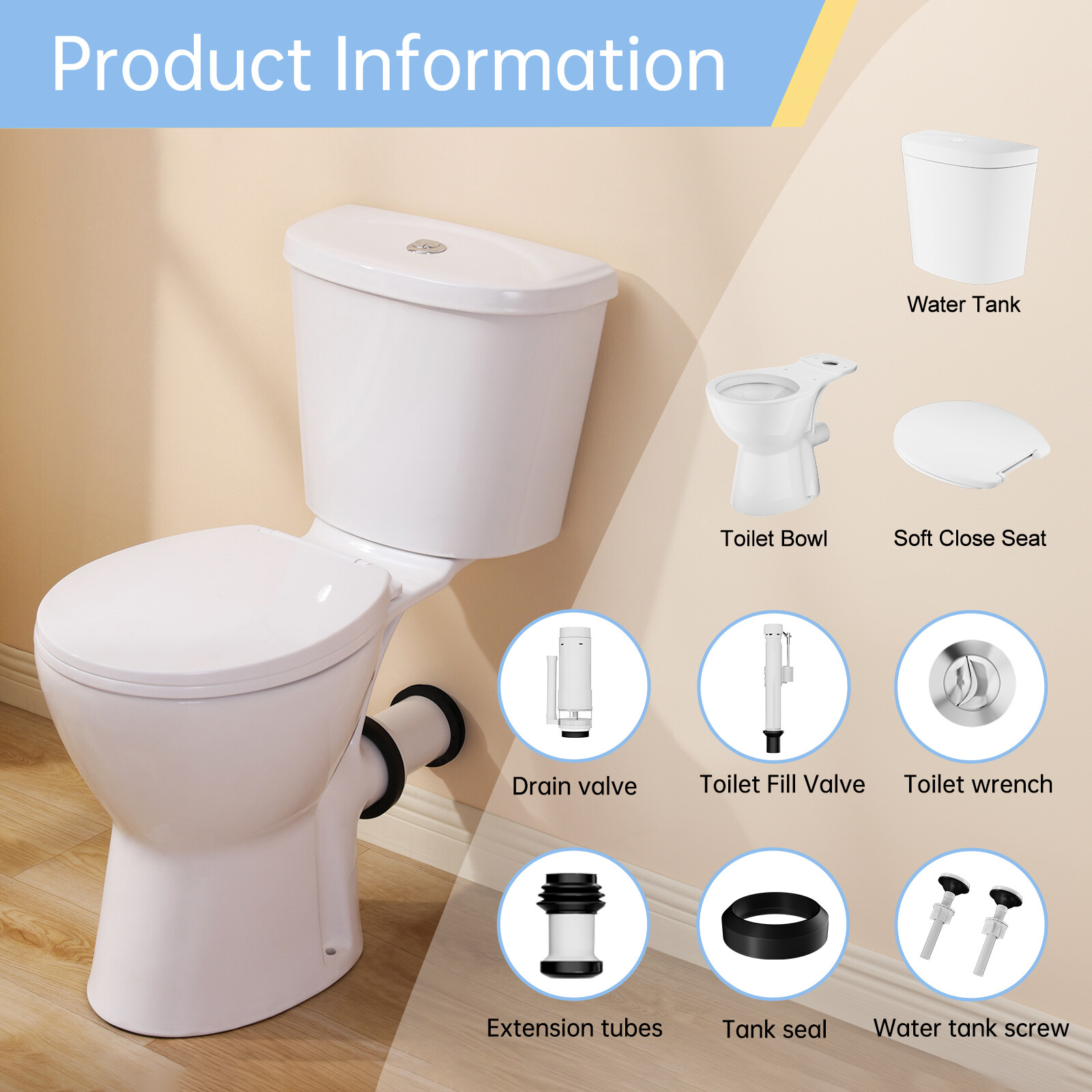 19" High Rear Outlet Toilet Dual Flush Round for Seniors Handicap Tall Users