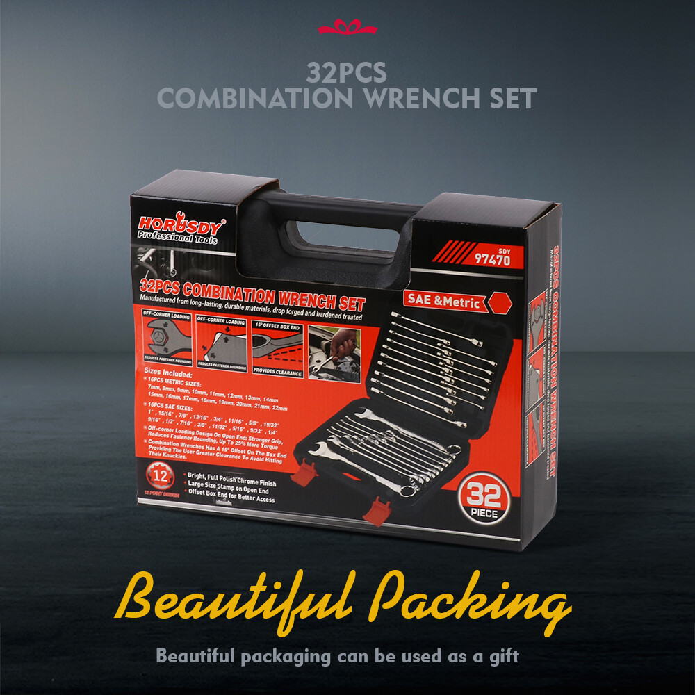 HORUSDY 32PCS Combination Wrench Set Inch MM 1/4"-1" 7mm-22mm 12 Point With Case