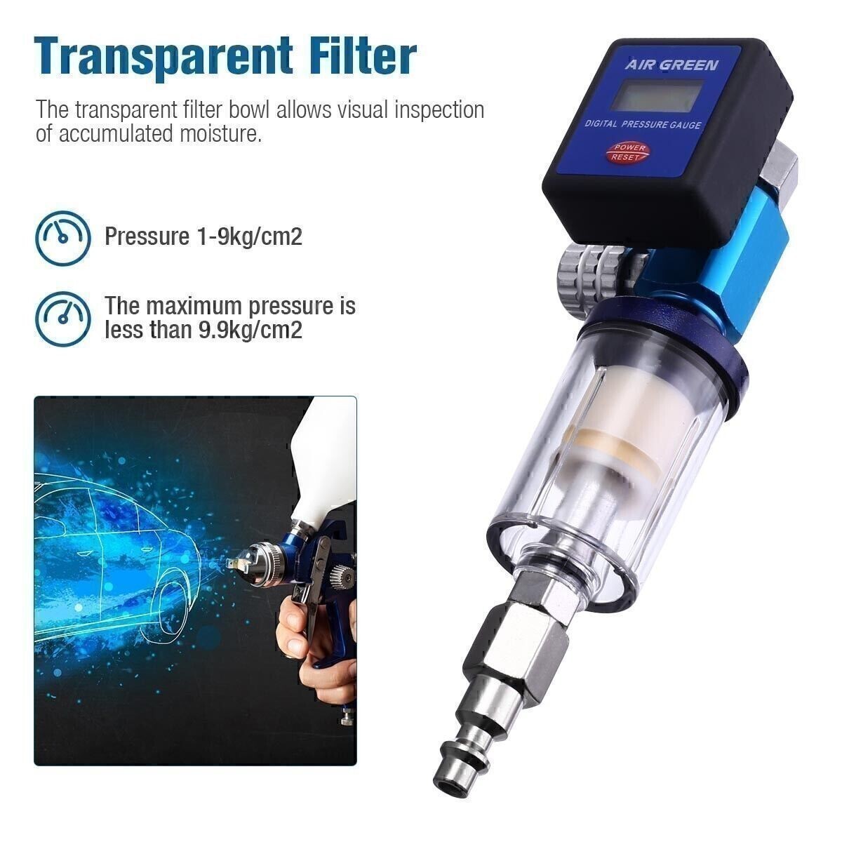 1/4" Air Flow Regulator Digital Pressure Gauge Filter Tool For Paint Spray Gun