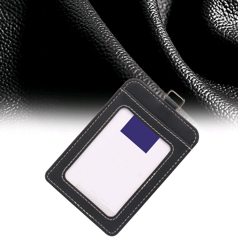 ID Badge Card Holder Pu Leather Vertical Clip Neck Strap Lanyard Necklace Case