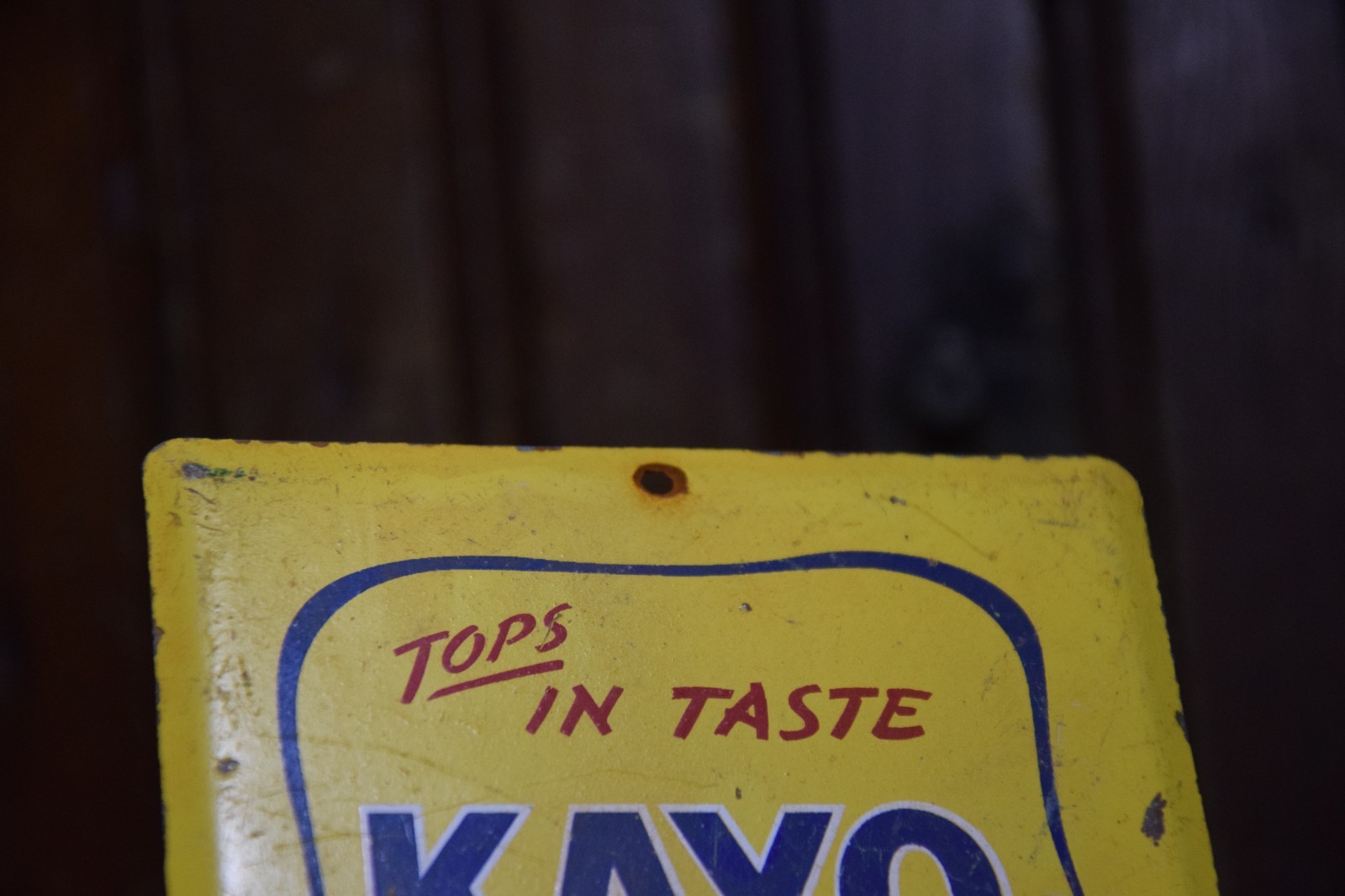 KAYO CHOCOLATE DRINK PAINTED METAL SIGN BOTTLE BOWLER MOON MULLINS CIRCA 1950s