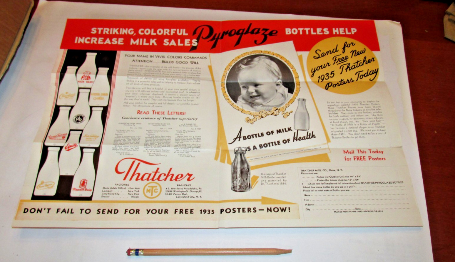 THATCHER MILK BOTTLE MAILER POSTER 1930'S "PYROGLAZE!" ELMIRA, NY, ADVERTISEMENT