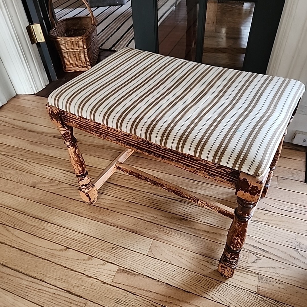 Vintage Wood Vanity Stool Chair 22" x 14" x 18" Upholstered Seat