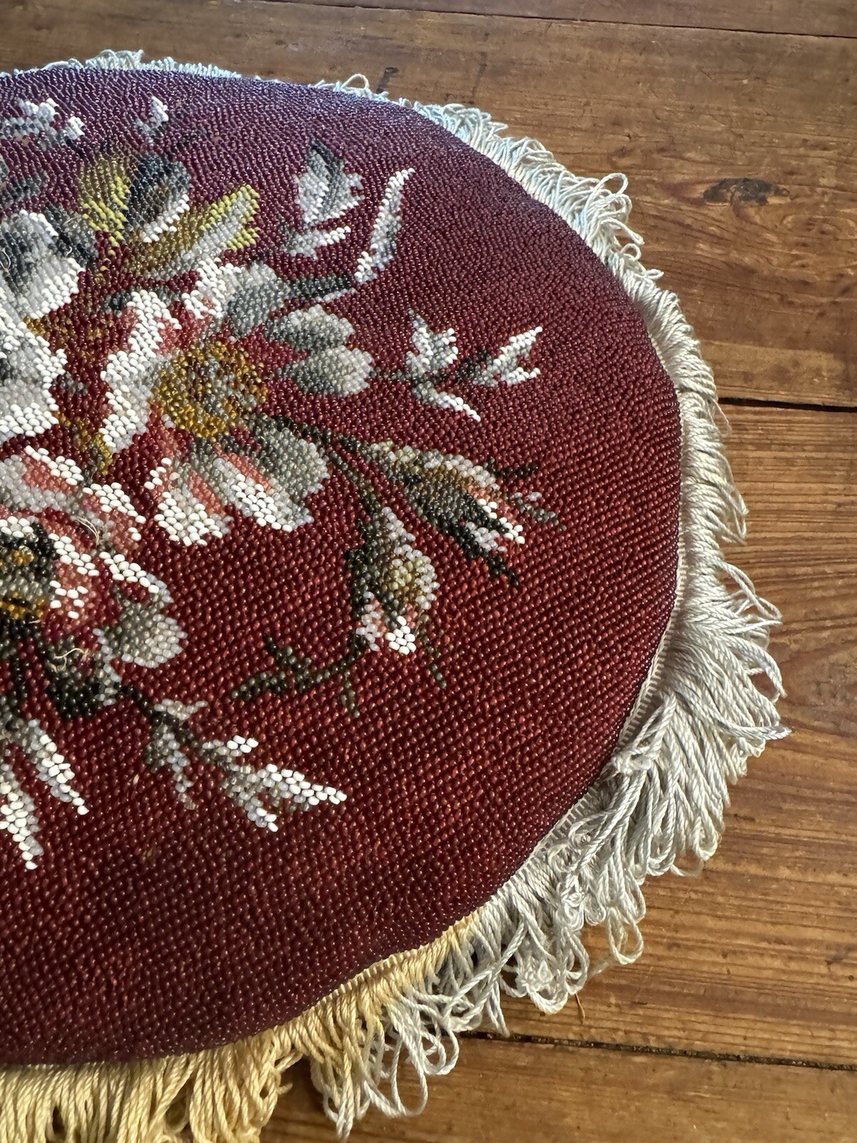 Victorian UK Embroidered & Beaded 13” Chair Seat Cushion w/ Purple Velvet Bottom