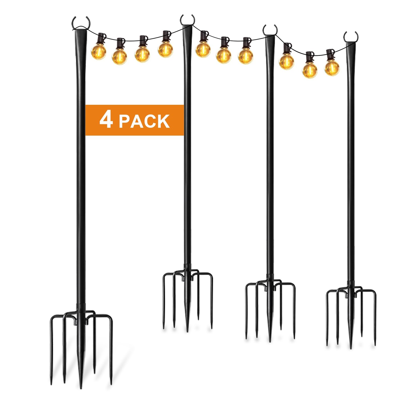 4 Pack String Light Poles for Outside, Thickened Metal 4 Pack, Black