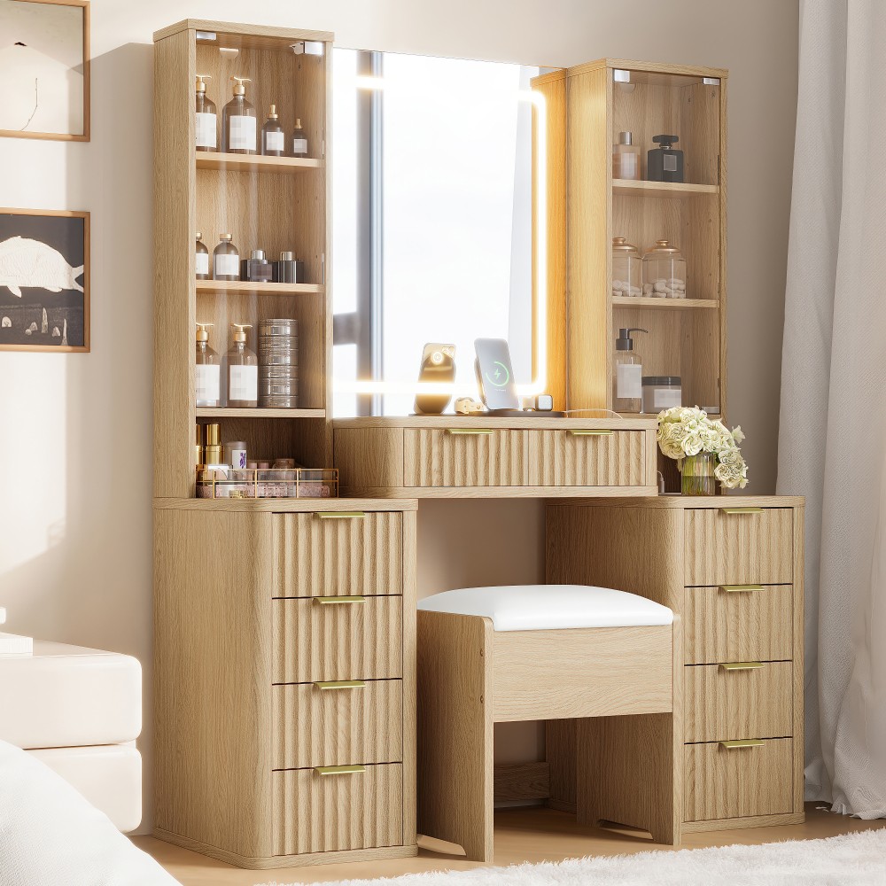 Cosmetic dresser with mirror, 10 drawers, stool, and charging station