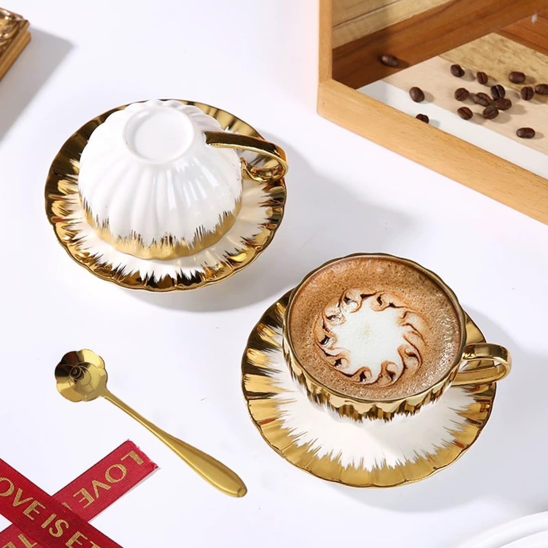 6pcs Luxury Ornate Gold Rim Ceramic Coffee Cup & Saucer Set with Spoons Gift Set