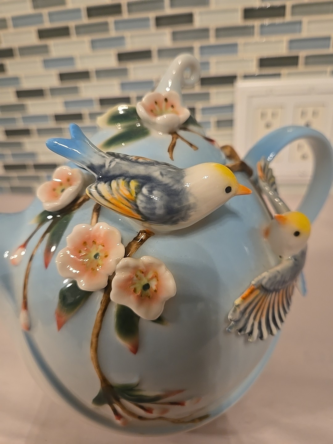Pier 1 Imports Hand Painted Porcelain 3D Decorative Teapot Birds Flowers 7”