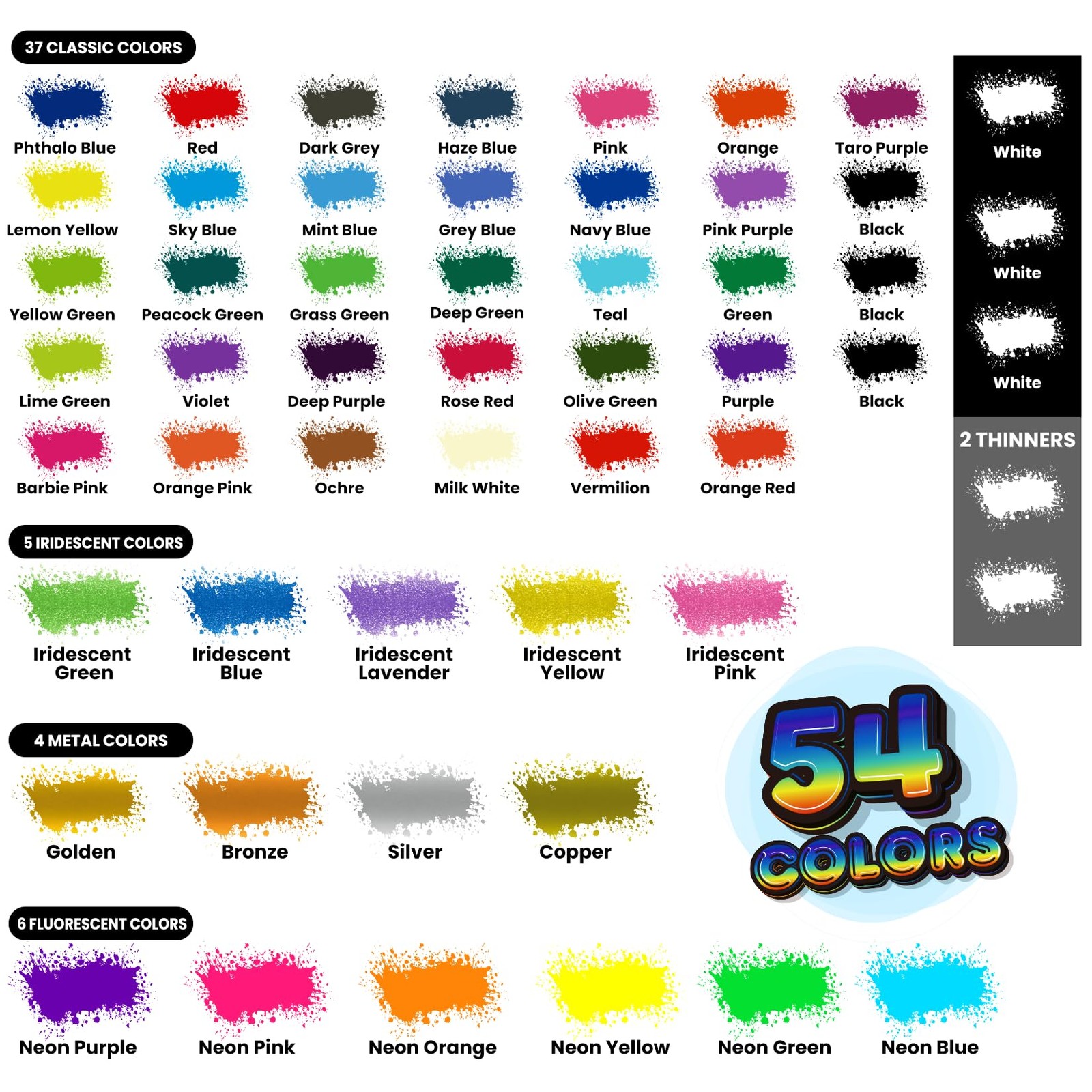 Airbrush Paint Set - 54 Colors Thinners for Model, Car, Fabric, Metal Art