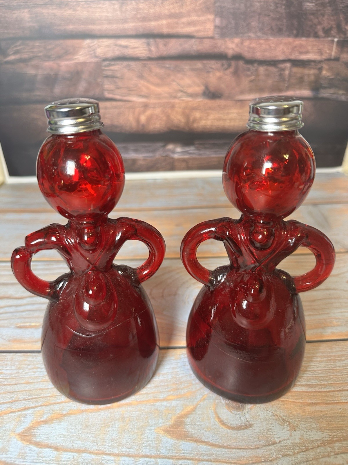 Vintage Ruby Red Glass Merry Maid Salt Pepper Shakers Set Taiwan Figural